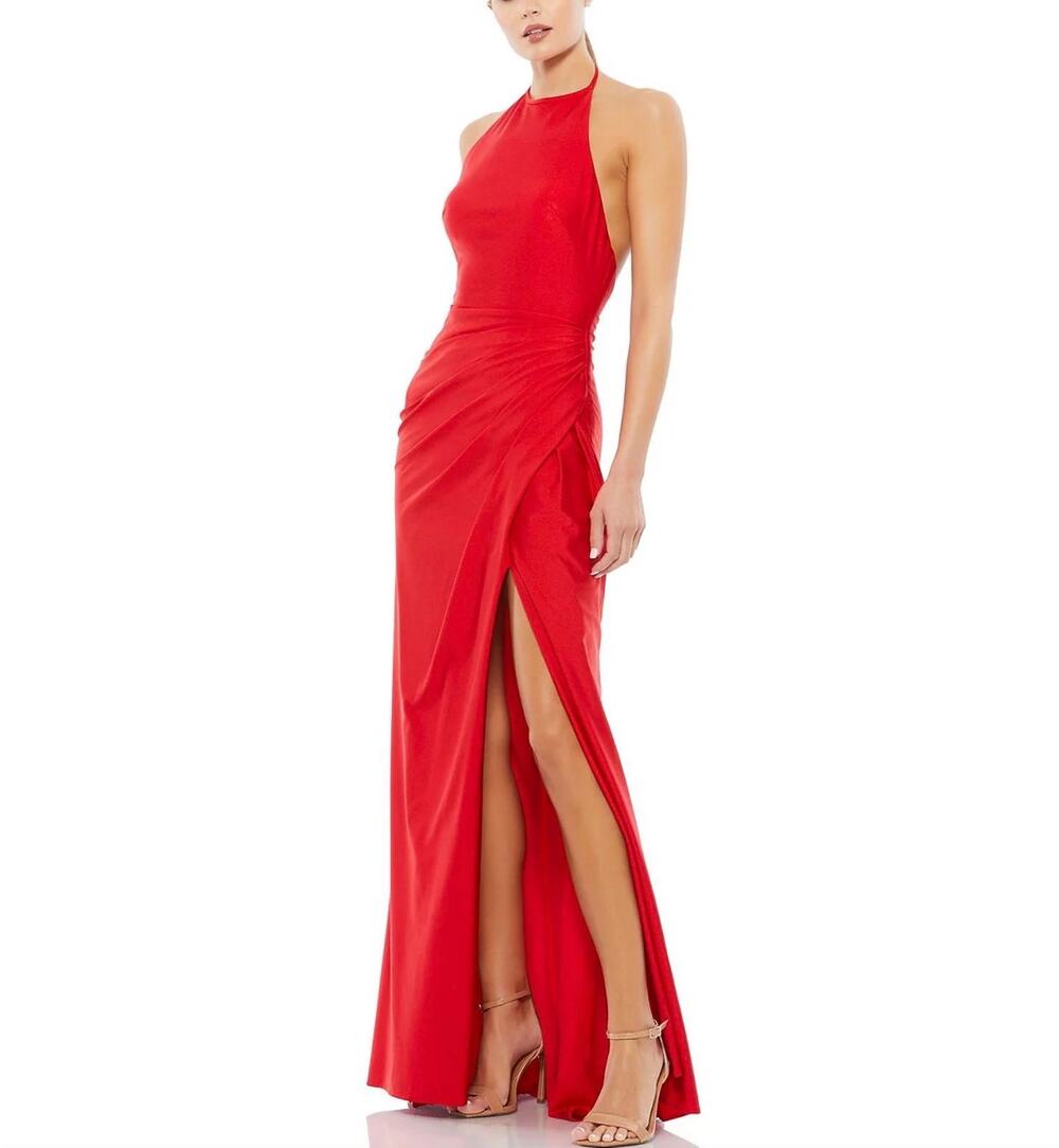Mac Duggal 26623 Red Evening Gown Backless Satin Halter Column Dress Size 10